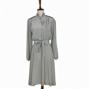 Vintage Long Sleeve Dress Women’s S Collarless Henley Blouson A-Line Midi